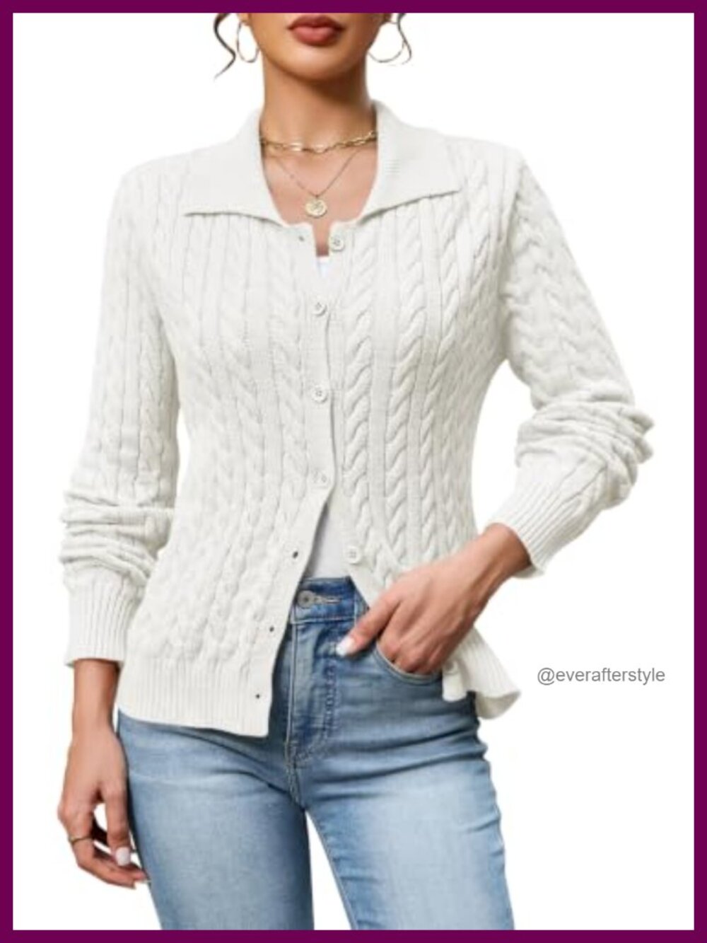 Cable Knit Button Up Cardigan Collared Long Sleeve Cropped Sweater